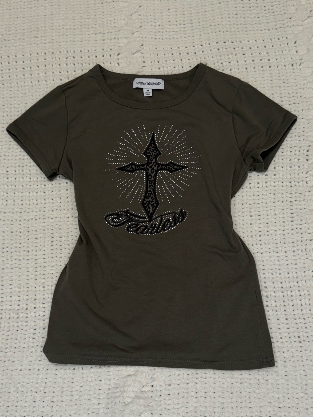 Olive Green Bedazzled Y2K Grunge Baby Tee